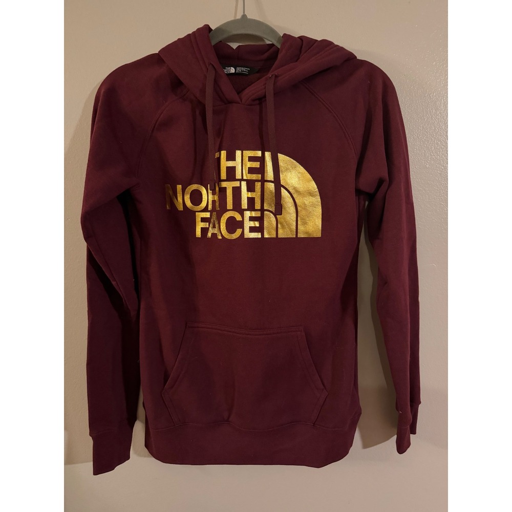 The North Face Womens XS Burgundy Maroon Gold Foil Logo Pullover Hoodie Sweatshi